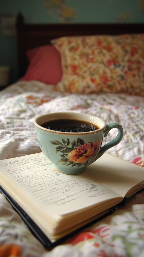 Cafea caldă într-o ceașcă plasată pe un notebook deschis lângă o fereastră confortabilă royalty free stock photos