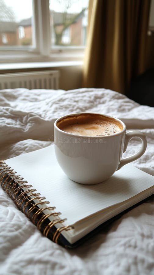 Cafea caldă într-o ceașcă plasată pe un notebook deschis lângă o fereastră confortabilă stock images