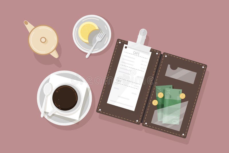 Cafea desert pe crema farfurie și suport de hârtie deschis cu cec restaurant și bani cash vedere top. client royalty free illustration