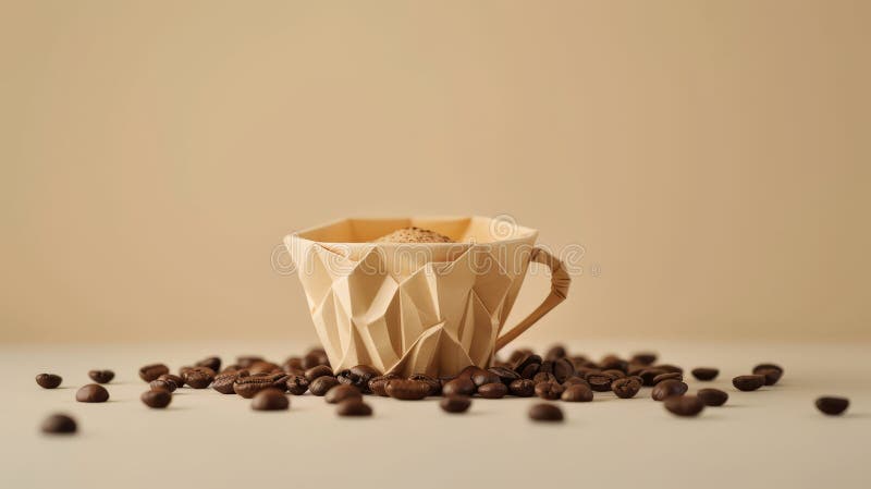 Cafea Origamistyle cu boabe de cafea într-un cadru minimalist royalty free stock photography