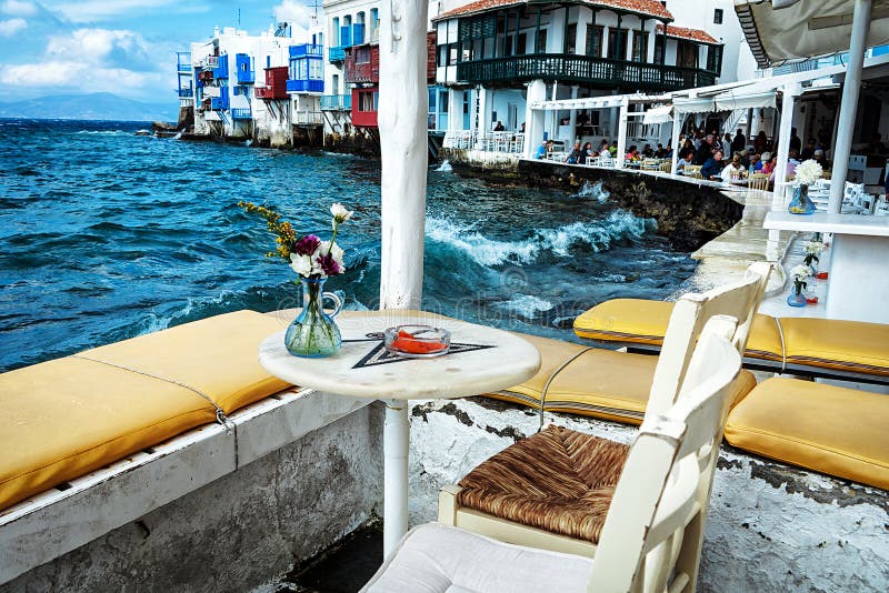 Cafes in Mykonos town at water edge