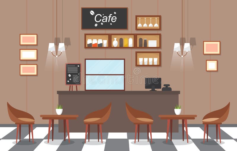 Cafetería Moderna Cafetería Interior Mobiliario Restaurante Diseño Plano  Ilustración Ilustración del Vector - Ilustración de desierto, sitio:  165619257