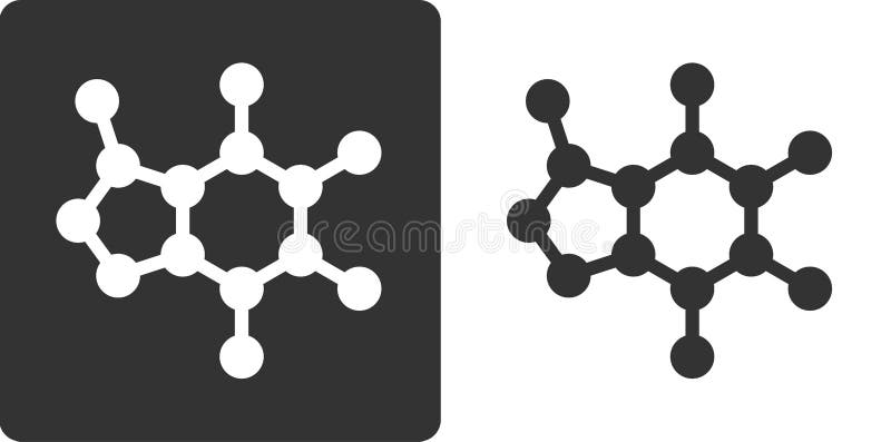 Caffeine molecule, , flat icon style. Stylized rendering. Carbon, oxygen and nitrogen atoms shown as circles. Hydrogen atoms vector illustration