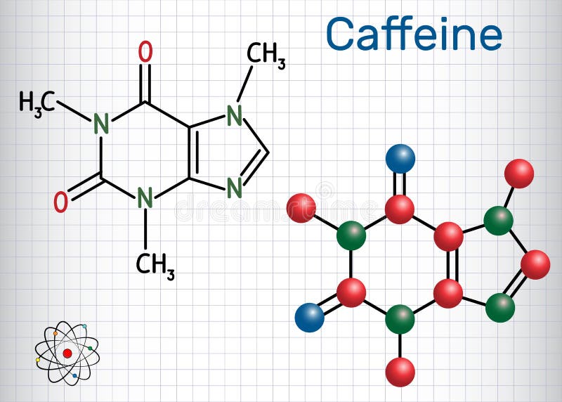 Caffeine molecule. Structural chemical formula and molecule mode