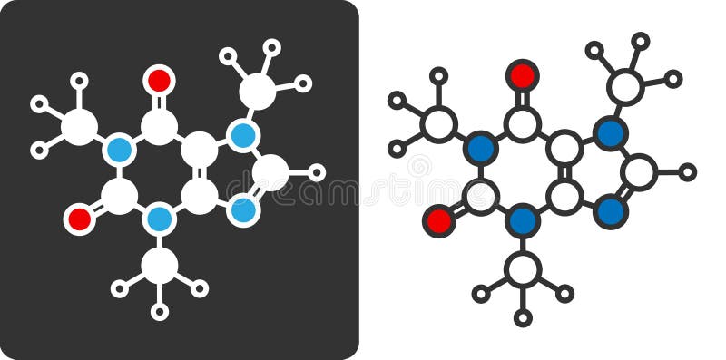 Caffeine stimulant molecule, flat icon style. Stylized rendering. Atoms shown as color-coded circles (oxygen - red, nitrogen - royalty free illustration