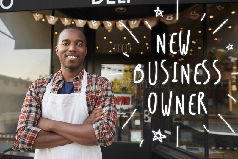 Black male new business owner standing outside coffee shop. Black male new business owner standing outside coffee shop