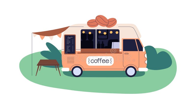 Caffetteria mobile per camion. carro da caffè. furgoncino per caffè all'aperto con un veicolo a motore retrorifero. confortevole illustrazione vettoriale