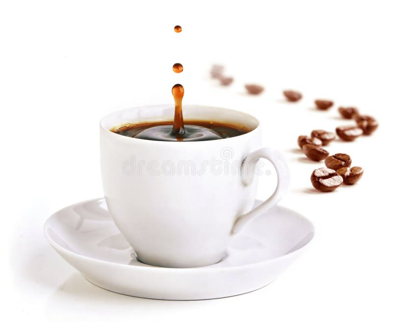 A cup of coffee with a splash of drops in the morning and coffee beans draw a zigzag line in background. A cup of coffee with a splash of drops in the morning and coffee beans draw a zigzag line in background.