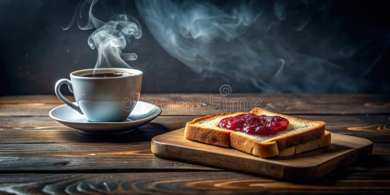 Caffè al mattino aromatico con toast dolce e bacca spalmato su una tavola di legno rustico. Generative AI royalty illustrazione gratis