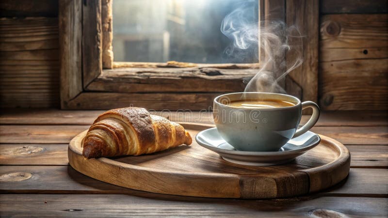 Caffè al mattino aromatico e pasta d'oro su vassoio di legno in rustico vicino alla finestra. illustrazione di stock