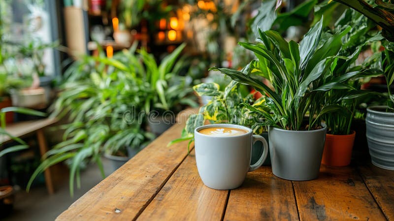 Tazza di caffè fumante su tavolo rustico da caffè immerso nel verde lussureggiante, atmosfera mattutina tranquilla illustrazione di stock