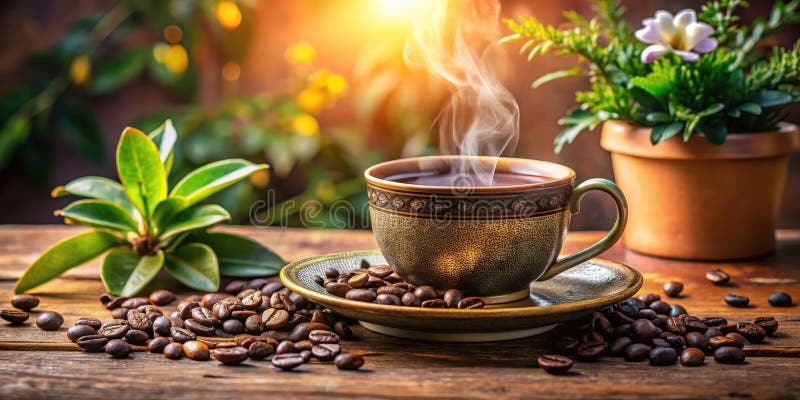 Caffè aromatico al mattino cucito in una coppa rustica circondato da chicchi di caffè e fogliame verde lussato su una tavola di le royalty illustrazione gratis