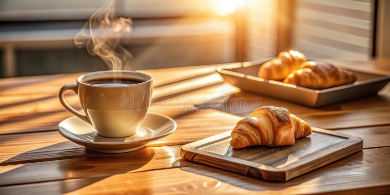 Caffè aromatico al mattino cucito in una tazza calda accompagnata da croissant appena cotto su una tavola di legno bagnata alla lu illustrazione vettoriale