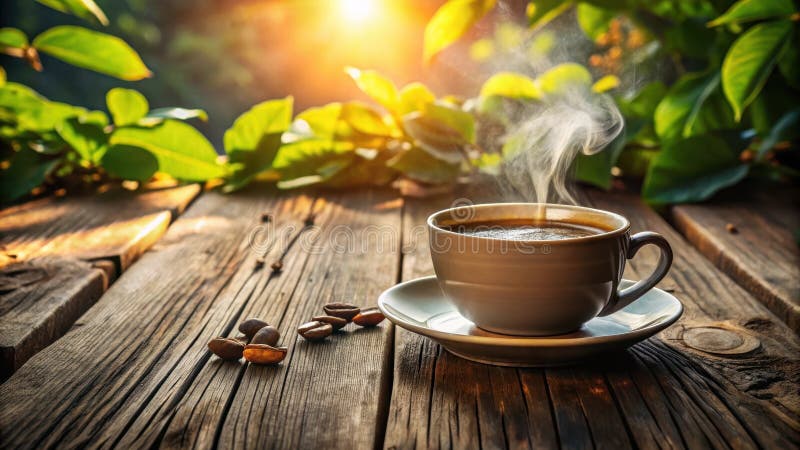 Caffè aromatico al mattino su tavolo di legno rustico con vapore e foglie illuminate dal sole. Generative AI royalty illustrazione gratis