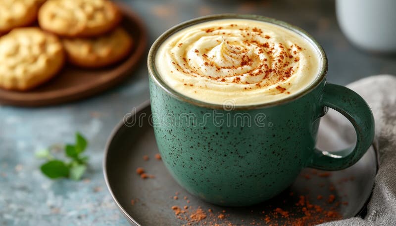 Caffè aromatico cremoso di latte con noce moscata e biscotti in un bar di cucina illustrazione vettoriale
