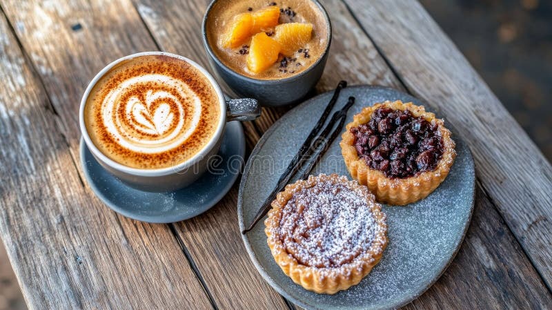Caffè aromatico delizioso macchie di frutta e fagioli di vaniglia un rustico caffè indulgenza in una giornata di sole illustrazione vettoriale