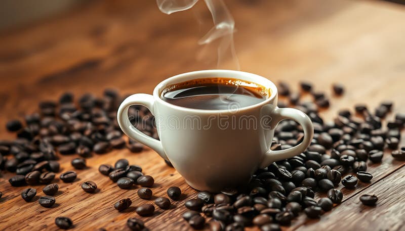 Caffè con fagioli su tavoli di legno Bevanda aromatica del mattino Generative AI illustrazione vettoriale