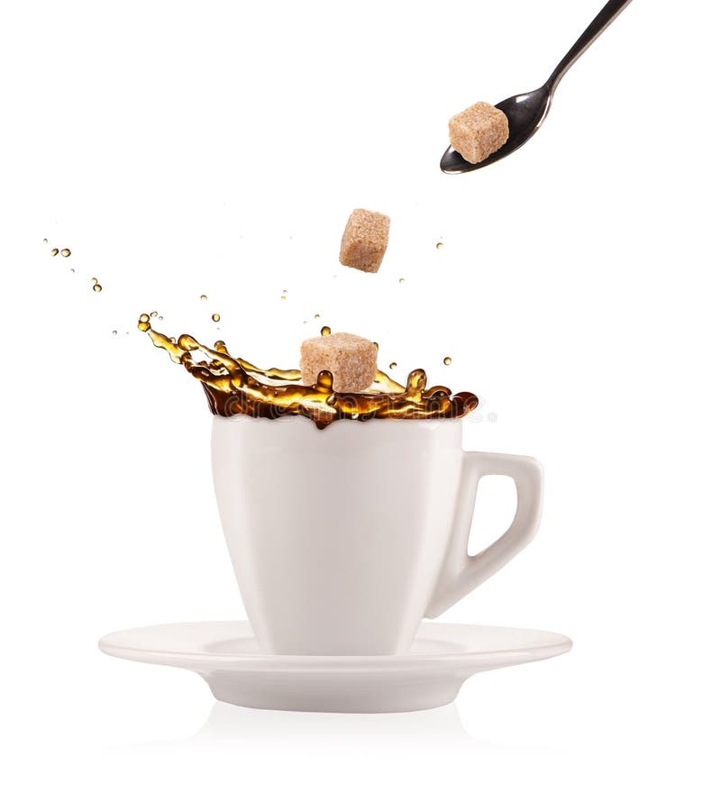 Coffee splashing out of cup with flying sugar cubes, isolated on white background. Coffee splashing out of cup with flying sugar cubes, isolated on white background