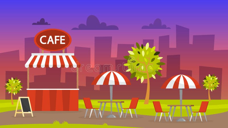 Caffè della via Self-service esterno Paesaggio della città di notte illustrazione vettoriale Caffè della via Self-service esterno Paesaggio della città di notte illustrazione vettoriale