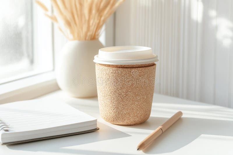 Caffè di sughero su tavolo bianco con notebook leggero e naturale atmosfera confortevole stile minimistico fotografia stock libera da diritti