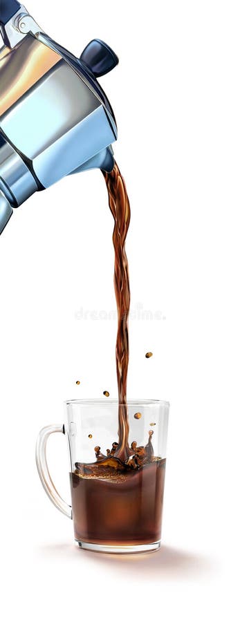 Moka coffee machine pouring coffee into a glass mug splashing. At white background, with clipping path included. Moka coffee machine pouring coffee into a glass mug splashing. At white background, with clipping path included.