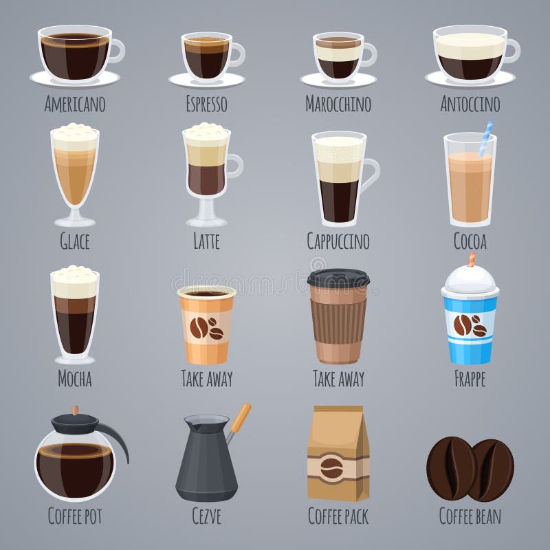 Caffè espresso, latte, cappuccino in vetri e tazze Tipi del caffè per il menu del caffè Icone piane di vettore messe illustrazione di stock