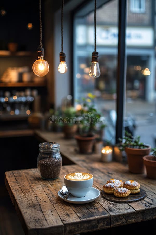 Caffè fresco tavola rustica all'angolo con latte e pasticcini per finestra il giorno delle piogge royalty illustrazione gratis