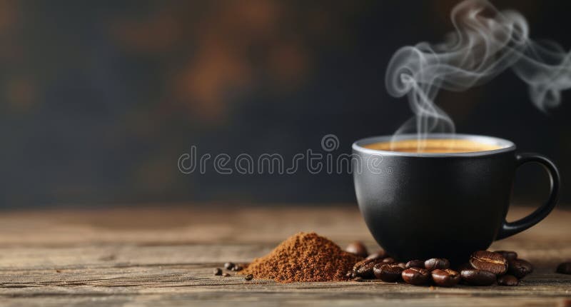Caffè fresco in una tazza nera con vapore che sale su un tavolo di legno rustico fotografia stock