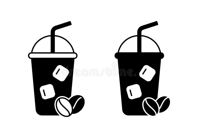 Caffè ghiaccio. icona di siluetta della bevanda fredda. semplice illustrazione nera di vetro di plastica con cubetti di ghiaccio d illustrazione di stock