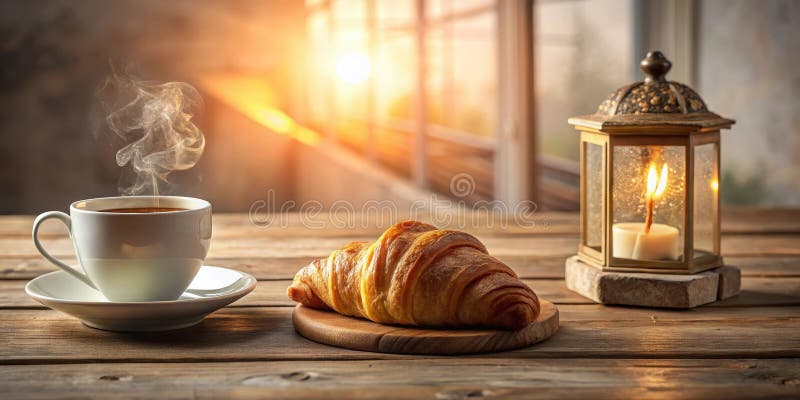 Caffè mattutino aromatico con croissant dorato in un bagliore caldo di alba goduto da una finestra con una candela accesa illustrazione vettoriale