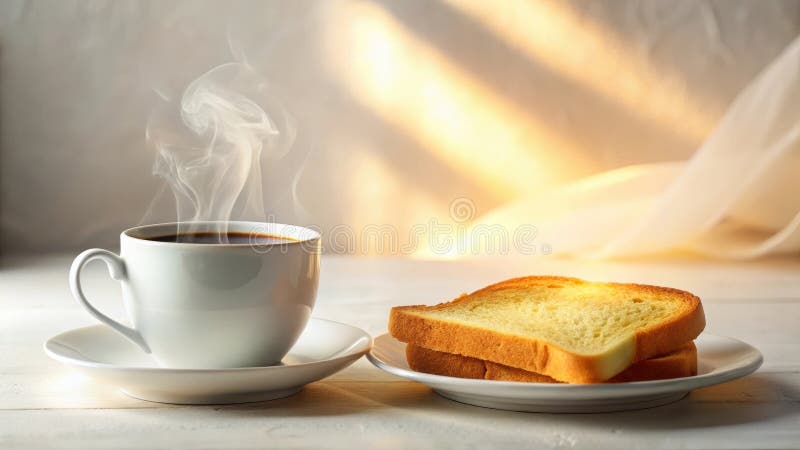 Caffè mattutino aromatico con fette di pane tostate dorate su un tavolo bianco alla luce del sole calda. Generative AI illustrazione vettoriale