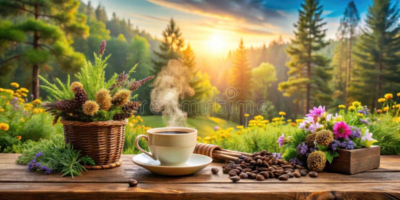 Caffè mattutino aromatico con fiori in fiore e una vista serena della foresta all'alba. Generative AI illustrazione di stock