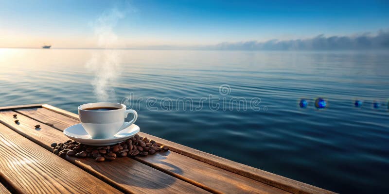 Caffè mattutino aromatico delle acque marine serene su un ponte di legno. Generative AI illustrazione di stock