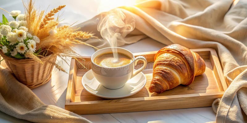 Caffè mattutino aromatico e croissant appena cotto su un vassoio di legno bagnato alla luce del sole accanto a un mazzo di fiori s illustrazione vettoriale