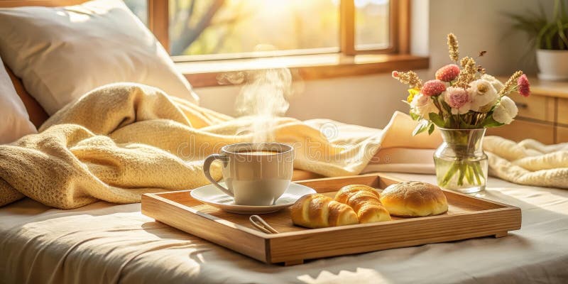 Caffè mattutino aromatico e pasticcini appena cotti su un vassoio di legno bagnato con luce calda al sole su un letto accogliente. illustrazione vettoriale