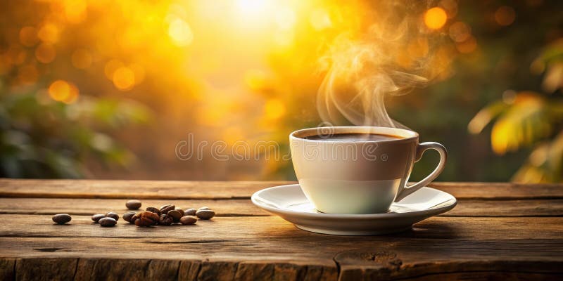 Caffè mattutino aromatico su tavolo di legno rustico con vapore che aumenta alla luce del sole dorato. Generative AI royalty illustrazione gratis