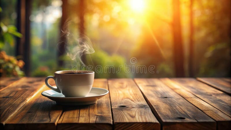 Caffè mattutino aromatico sul tavolo di legno rustico con luce calda che passa attraverso la finestra. Generative AI illustrazione di stock