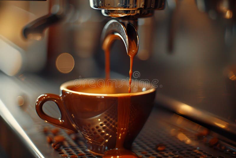 Caffè mattutino aromatico versato in una coppa marrone da una macchina per caffè di acciaio da bar illustrazione di stock