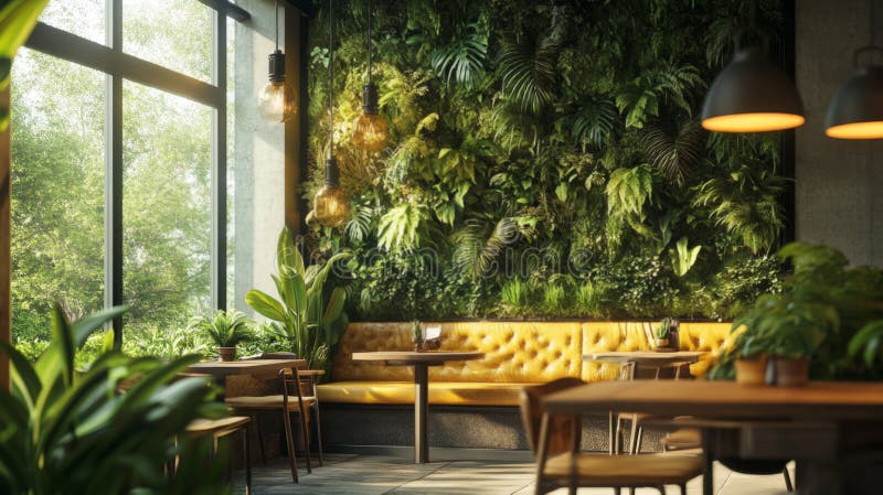 Caffè moderno con verde lussuoso e giardino verticale illustrazione vettoriale