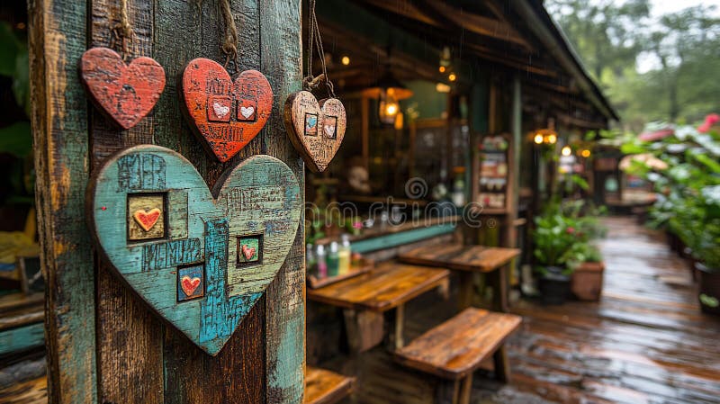 Caffè rustico con cuori di legno royalty illustrazione gratis