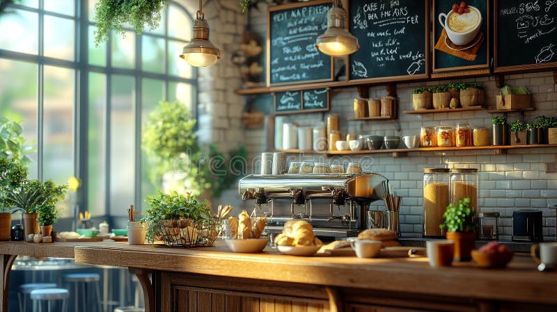 Cafè Rustic Cafe Interior Caffè Shop con piante e prodotti freschi al forno royalty illustrazione gratis