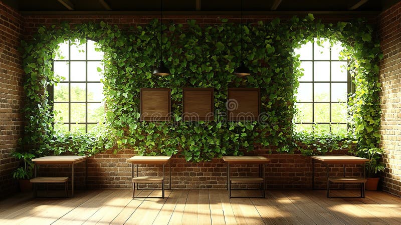 Cafè rustico con verde lussuoso Luce naturale e mobili di legno royalty illustrazione gratis