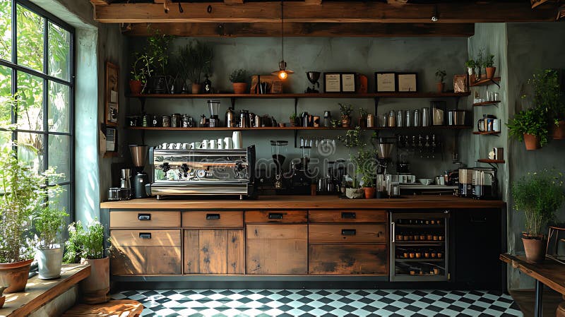 Cafè rustico per macchine per l'espresso interno per macchine per l'espresso, finestra, menu di scaffalatura della luce illustrazione vettoriale