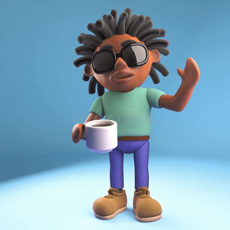 Café bebendo do homem negro feliz e olá! de ondulação, ilustração 3d ilustração stock Café bebendo do homem negro feliz e olá! de ondulação, ilustração 3d ilustração stock