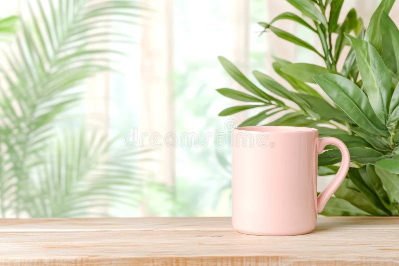 Café de cerámica pastel sobre una mesa de madera con fondo de vegetación exuberante relajante decoración del hogar estilo AI Gener imagenes de archivo
