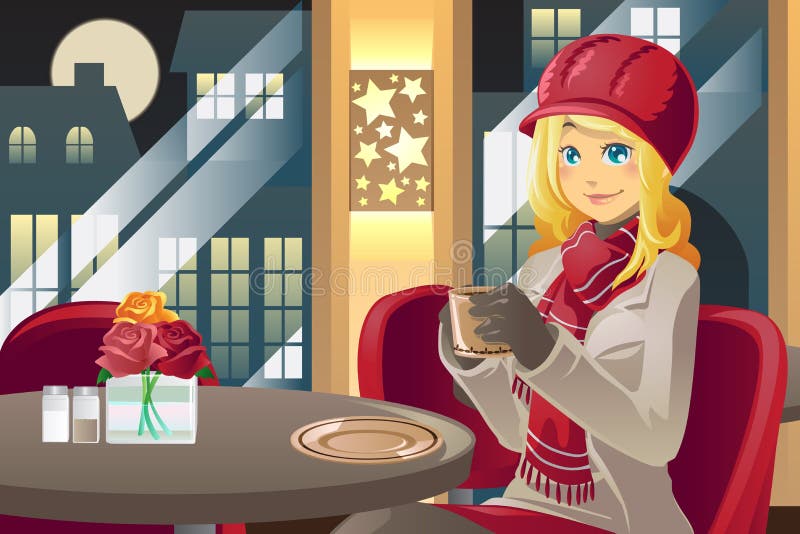 Café de consumición de la mujer del invierno ilustración del vector Café de consumición de la mujer del invierno ilustración del vector