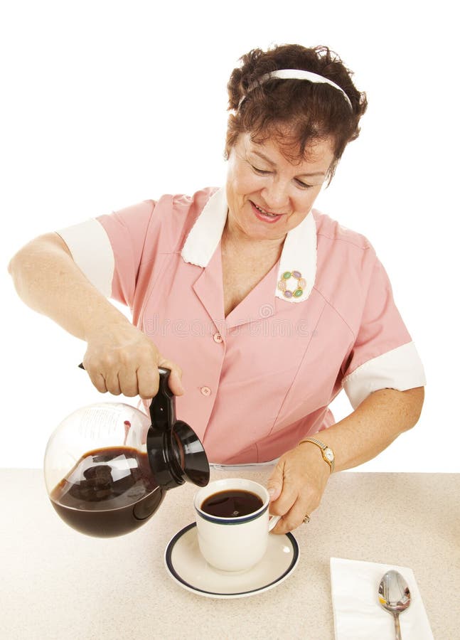 Waitress pouring a cup of coffee. Isolated on white. Waitress pouring a cup of coffee. Isolated on white.