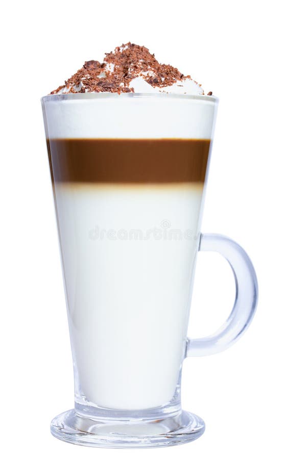 Café de Macchiato do Latte com chantiliy e pedaços de chocolate Isolado no fundo branco imagens de stock Café de Macchiato do Latte com chantiliy e pedaços de chocolate Isolado no fundo branco imagens de stock