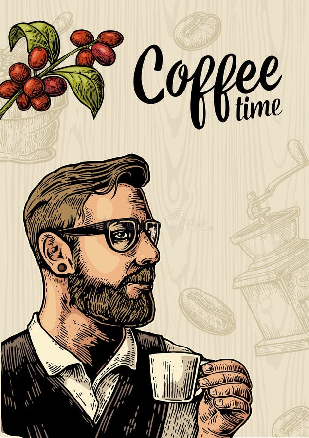 Café et branche de tasse de participation de barman de hippie avec la feuille et la baie illustration de vecteur Café et branche de tasse de participation de barman de hippie avec la feuille et la baie illustration de vecteur