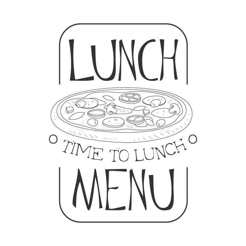 Café-Mittagessen-Menü Promo unterzeichnen herein Skizzen-Art mit Pizza, Design-Aufkleber-Schwarzweiss-Schablone stock abbildung Café-Mittagessen-Menü Promo unterzeichnen herein Skizzen-Art mit Pizza, Design-Aufkleber-Schwarzweiss-Schablone stock abbildung